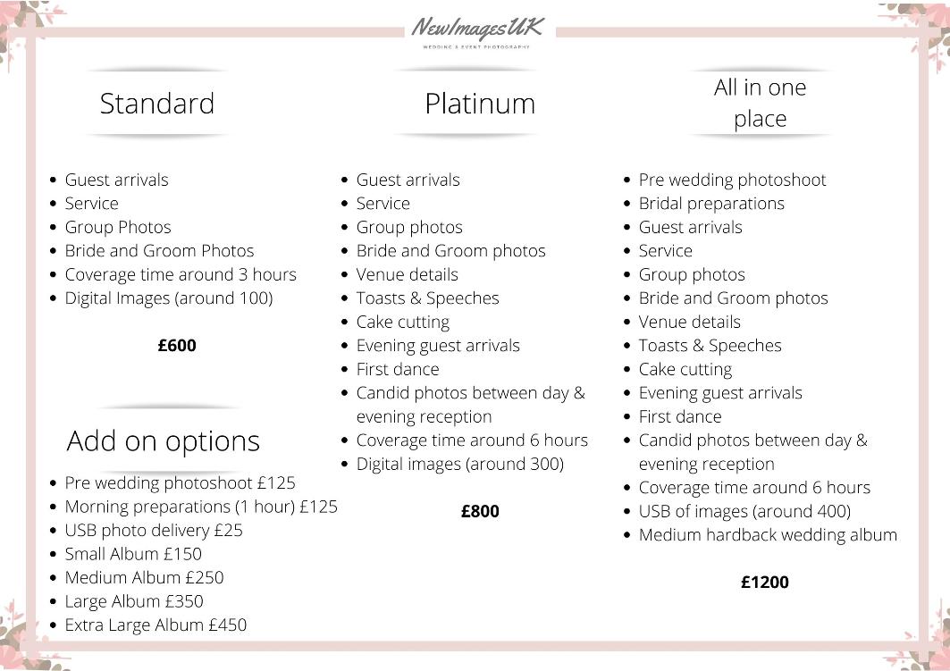 Packaging and prices for wedding photography